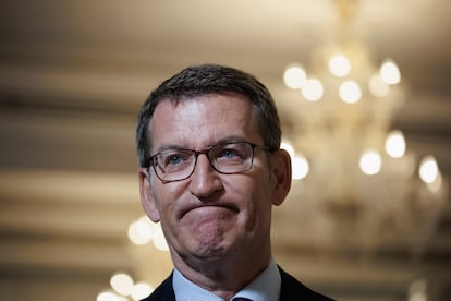 El líder del PP, Alberto Núñez Feijóo, durante un encuentro de 'El Mundo', en el Hotel Westin Palace, este jueves, en Madrid.