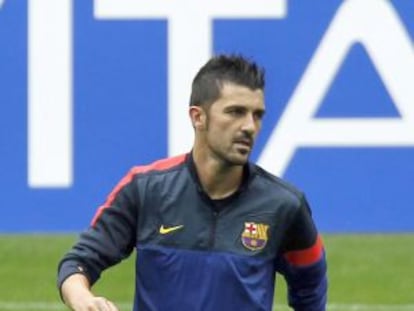 Villa, durante un entrenamiento con el Barça.