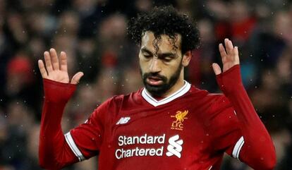 Salah celebra el gol en el partido entre el Liverpool y la Roma