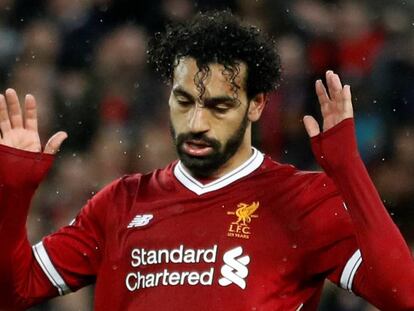 Salah celebra el gol en el partido entre el Liverpool y la Roma