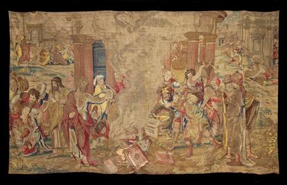 Este tapiz, de autor desconocido, tiene por tema el de San Pablo y la quema de los libros paganos. Su propietario quiso sacarlo de España en 2013 y lo valoró en 510.000 euros.