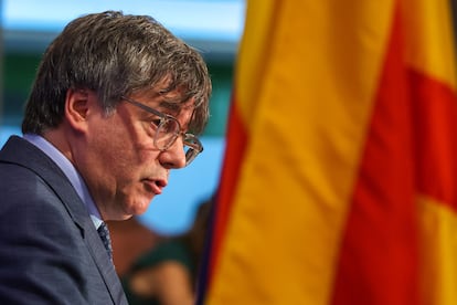 El expresidente catalán Carles Puigdemont, durante la rueda de prensa ofrecida este martes en la sede del Parlamento Europeo en Bruselas.