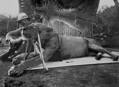 El coronel británico John H. Patterson posa en Tsavo (Kenia) junto al primero de los dos leones que mató en diciembre de 1898.