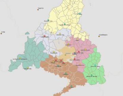 El mapa de la calidad del aire en la Comunidad de Madrid, este viernes.