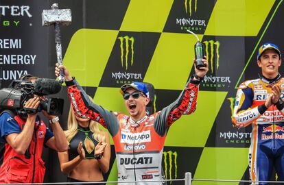 Jorge Lorenzo en junio de 2018 en el podio del Gran Premio de Cataluña.