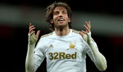 Michu celebra el gol que marcó para el Swansea. 