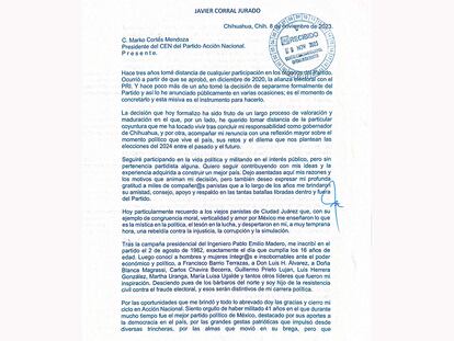 La primera página de la carta de renuncia de Javier Corral.