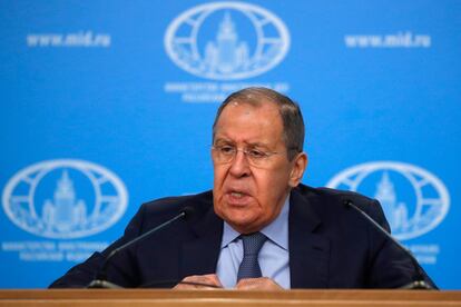 Russian Foreign Minister Sergei Lavrov holds his annual news conference in Moscow, Russia, 18 January 2024.