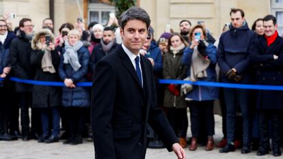 France's new Prime Minister Gabriel Attal arrives at the Matignon Hotel in Paris for the handover ceremony with outgoing Prime Minister Élisabeth Borne on Tuesday.