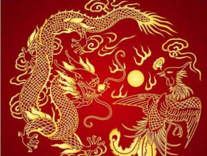 Pintura tradicional china con fénix y dragón.