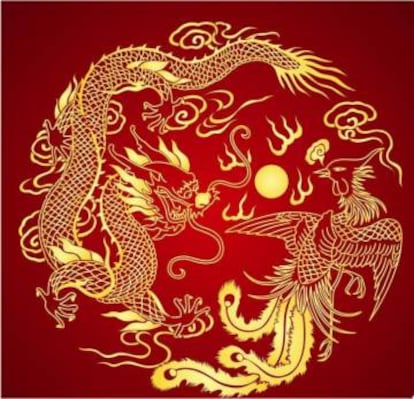 Pintura tradicional china con fénix y dragón.