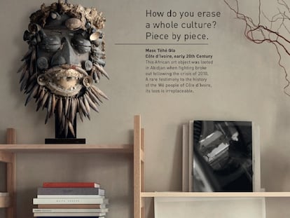 Imagen de la campaña 'El verdadero precio del arte', realizado por la Unesco y la agencia DDB, que muestra una máscara africana y el texto "¿Cómo borras una cultura entera? Pieza por pieza".