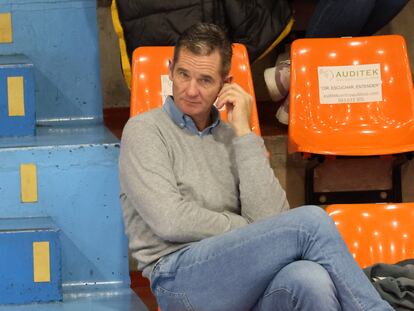 IRUN, SPAIN - DECEMBER 16: Iñaki Urdangarin sits in the stands during the Spanish Handball Cup semifinal match between Barça and Frainkin BM. Granollers in which his son, Pablo Urdangarin, plays, on December 16, 2023 in Irun (Guipuzcoa, Basque Country, Spain). (Photo By Raul Terrel/Europa Press via Getty Images)