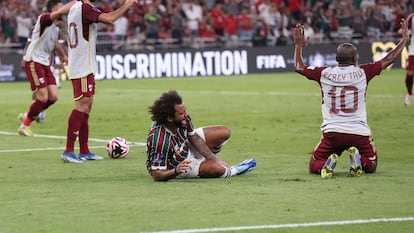 Marcelo reclama el penalti en el área del Al-Ahly, este lunes en la semifinal del Mundial de Clubes en Arabia Saudí.