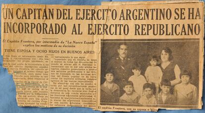 Recorte de periódico en el que se recoge la marcha de José María Frontera a la Guerra Civil española.