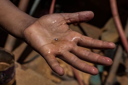 Un niño minero venezolano muestra una bola de mercurio que se utiliza a diario para separar el oro que se encuentra entre charcos de lodo en una mina a cielo abierto para luego ser procesado a mano en un molino en El Callao, estado Bolívar, Venezuela, el 27 de agosto de 2023.
