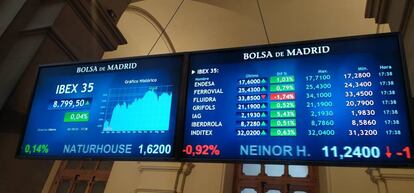 Varias pantallas muestran la evolución del Ibex 35, este viernes al cierre de la Bolsa de Madrid.