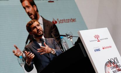 El presidente del PP, Pablo Casado, durante su intervención en el XXII Congreso Nacional de la Empresa Familiar, en Murcia.