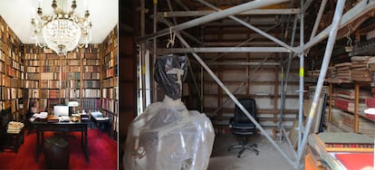 Sala de la librería Bardón antes y después de la inundación