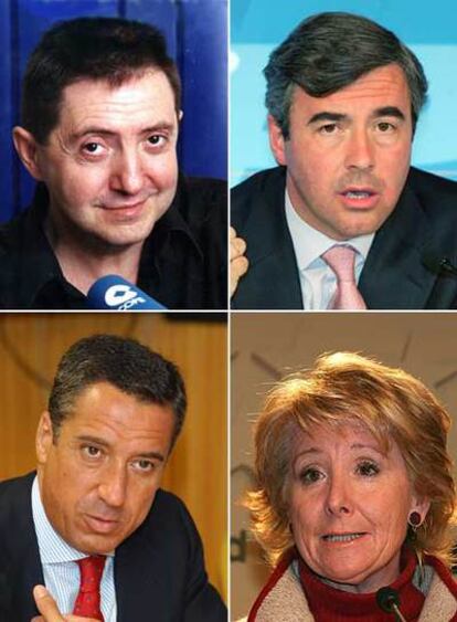 De izquierda a derecha y de arriba abajo, el locutor Federico Jiménez Losantos; el secretario general del PP, Ángel Acebes; el portavoz parlamentario popular, Eduardo Zaplana, y la presidenta de Madrid, Esperanza Aguirre.