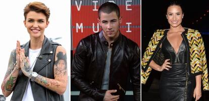 De izquierda a derecha, los actores y modelos Ruby Rose, Nick Jonas y Demi Lovato.