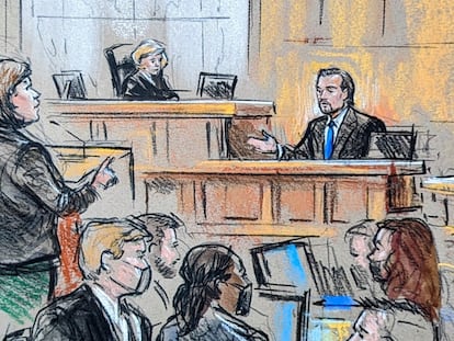 Boceto de la sesión en la que el actor Leonardo DiCaprio ha testificado en el juicio del rapero Prakazrel 'Pras' Michel en la sala del tribunal de distrito de los Estados Unidos en Washington, el 3 de abril de 2023.