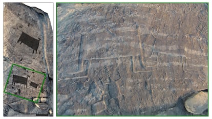 Una fotografía modificada para resaltar el arte rupestre de la Isla Picure, junto a un detalle sin modificar de una sección del arte.