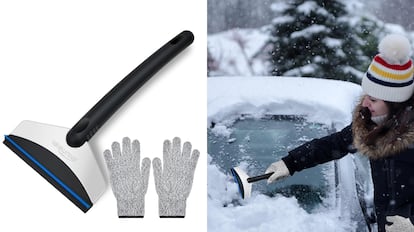 quitar el hielo del cristal del coche: raspador de hielo y nieve con guantes de talla única.