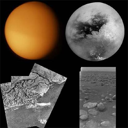 Titán, observado desde diferentes naves espaciales. Arriba, a la izquierda, imagen tomada por la <i>Voyager 1 </i>en 1980, en la que se aprecia Titán cubierto de nieblas. A la derecha, fotografía realizada por la <i>Cassini</i> en 2004 en infrarrojo, que muestra la superficie. Abajo, a la izquierda, imagen tomada por la <i>Huygens</i> durante el descenso del 14 de enero de 2005. A la derecha, la superficie de Titán vista por la misma sonda tras el descenso.