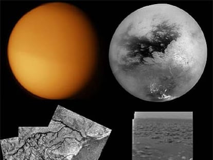 Titán, observado desde diferentes naves espaciales. Arriba, a la izquierda, imagen tomada por la <i>Voyager 1 </i>en 1980, en la que se aprecia Titán cubierto de nieblas. A la derecha, fotografía realizada por la <i>Cassini</i> en 2004 en infrarrojo, que muestra la superficie. Abajo, a la izquierda, imagen tomada por la <i>Huygens</i> durante el descenso del 14 de enero de 2005. A la derecha, la superficie de Titán vista por la misma sonda tras el descenso.