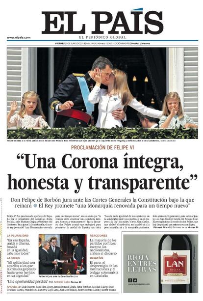 Un nuevo reinado en España. La proclamación de Felipe VI y la jura ante las Cortes de la Constitución dieron paso a un discurso en el que el Rey prometió una Monarquía renovada para un tiempo nuevo. Posteriormente, hubo una recepción oficial en el Palacio Real, en cuyo balcón posó fugazmente con su familia.<p> <b>Noticia</b>: <a href="http://politica.elpais.com/politica/2014/06/19/actualidad/1403171236_289100.html" target="blank">Felipe VI ofrece una “Monarquía renovada para un tiempo nuevo”</a>