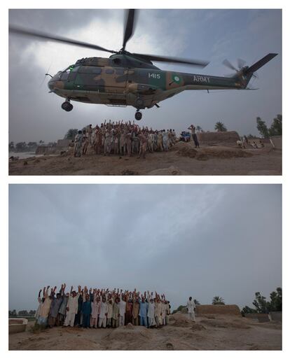 Los habitantes de Daya Chokha Gharbi levantan sus manos para hacerse con algo de comida lanzada desde un helicóptero militar. Un año más tarde, los vecinos de esta localidad situada en el sur del Punjab gritan "Dios es grande", en la misma elevación donde esperaban la llegada de ayuda. "Nunca había imaginado una inundación así. Yo llevaba 48 horas atrapado en el cementerio antes de que llegara el Ejército con la comida. Había caos y desorden, porque los aldeanos peleaban por las raciones. Los paquetes de arroz iban cayendo al suelo. Me quedé allí, viéndolo con incredulidad. No podía imaginar que algo cómo eso estuviera pasando", cuenta Nadir Khan, el pie agricultor de 34 años de edad, que en las dos imágenes está situado a la derecha, fuera del tumulto.