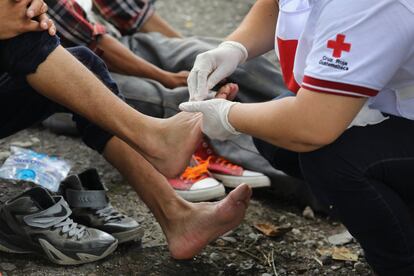 Un integrante de la Cruz Roja de Guatemala realiza curas a los participantes de la caravana hondureña cerca de Quezaltepeque, el 16 de octubre de 2018. 
