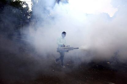 Empleados municipales fumigan en un vecindario tras un nuevo brote del virus del dengue en Bophal, India. Unas 100 personas se han visto afectadas por esta enfermedad, provocada por la picadura del mosquito Aedes aegypti.