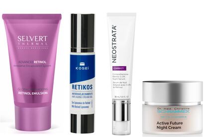 Serums y cremas de noche con retinol: Advanced Retinol Emulsion, de Selvert Thermal (39 €). Retikos, de Kosei (32,68 €). Comprehensive Retinol 0,3% Night Serum, de Neostrata (89 €). Healthy Aging Multi reparadora, de Babé (29 €).