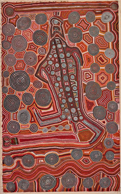 Esta pintura de Uta Uta Tjangala (1926-1990) es una obra fundamental del arte contemporáneo aborigen. Es la marca de agua de los pasaportes australianos.