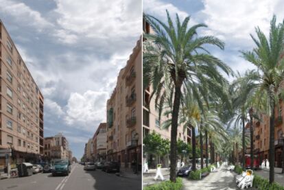 La avenida del Mediterráneo con su aspecto actual (a la derecha) y tras la figuración presentada por los socialistas, con un bulevar con palmeras.