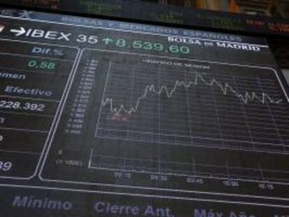 Panel informatico de la Bolsa de Madrid que muestra la evolución del principal indicador de la bolsa española, el IBEX 35. EFE/Archivo
