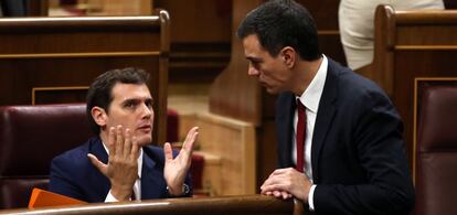 Albert Rivera y Pedro S&aacute;nchez conversan en el Congreso. 