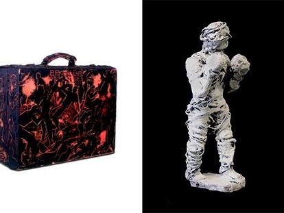 Las obras de la exposición de Miguel Galanda, <i>Maleta </i>(2003), a la izquierda, con cera y óleo sobre piel, y la escultura <i>Boxer</i> (2004), con fibra de vidrio, acero, ceras y pigmentos.