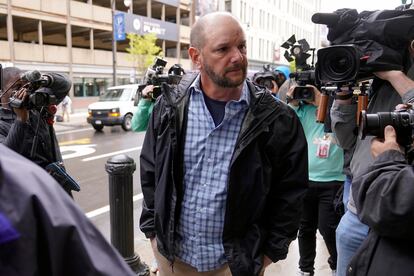 A member of Jack Teixeira's family, center, arrives at federal court, Thursday, April 27, 2023, in Worcester, Massachusetts