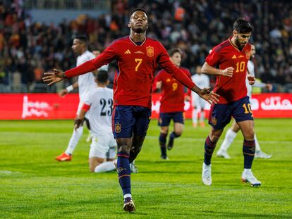 Ansu Fati celebraba su gol ante Jordania, el primero de España en el amistoso disputado en Amán.