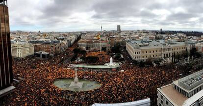 Concentración en Madrid de PP, Ciudadanos y Vox en contra del Gobierno el pasado 10 de febrero. 