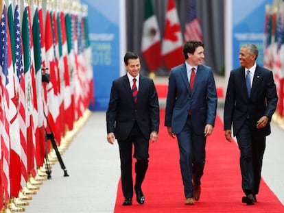 Los presidentes de M&eacute;xico, Canad&aacute; y Estados Unidos en la cumbre de NAFTA en Ottawa este mi&eacute;rcoles.