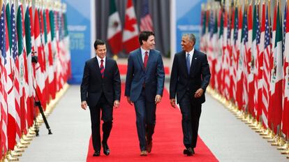 Los presidentes de M&eacute;xico, Canad&aacute; y Estados Unidos en la cumbre de NAFTA en Ottawa este mi&eacute;rcoles.