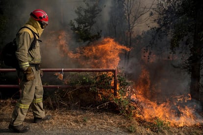 Un bombero realiza labores de extinción en el incendio forestal en la localidad de Cualedro, en Ourense. Un fuego iniciado a mediodía del miércoles e incontrolado este jueves tras arrasar ya más de 1.000 hectáreas avanza, azuzado por el viento que ha acabado abriendo dos frentes, por la parroquia de San Millán, en el municipio de Cualedro.