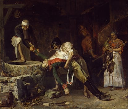 'España, 1812, ocupación francesa' cuadro de 1866 de Eduardo Maria Zamacois y Zabala que muestra a dos guerrilleros lanzando a un pozo el cadáver de un dragón francés al que han matado. 