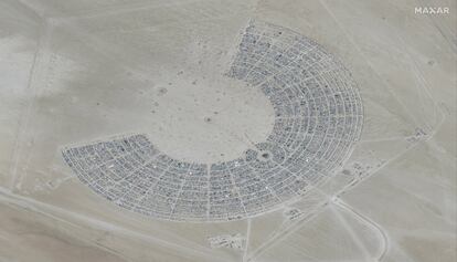 In this satellite photo provided by Maxar Technologies, an overview of Burning Man festival in Black Rock, Nev on Monday, Aug. 28, 2023.
