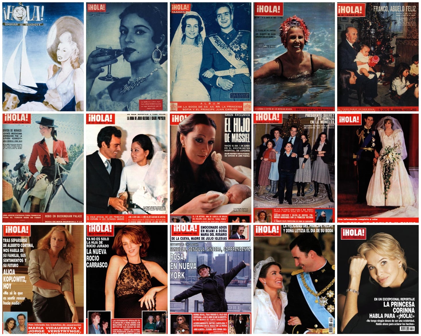 'Collage' con algunas de las portadas más icónicas de los 80 años de la revista '¡Hola!'.