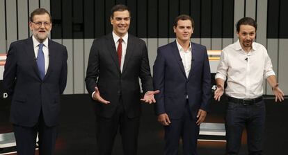 Los cuatro principales candidatos a la presidencia del Gobierno, durante su debate televisado.